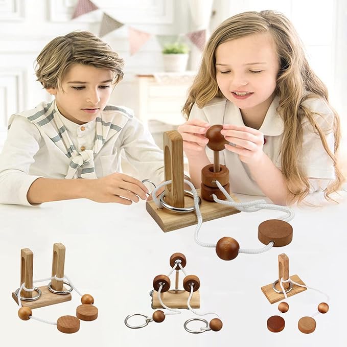 Wooden Brain Teaser Puzzle Set – Thread & Ring Puzzles, Luban Lock, Mind Games for Adults and Kids