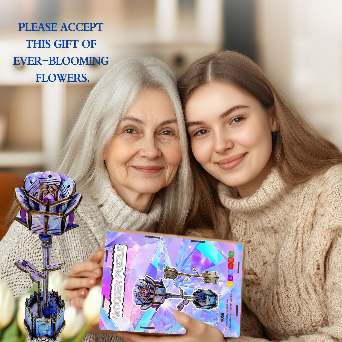 Blue Rose Puzzle DIY Coloring 3D Wooden Toy Two-in-One Set Three-Dimensional Puzzle