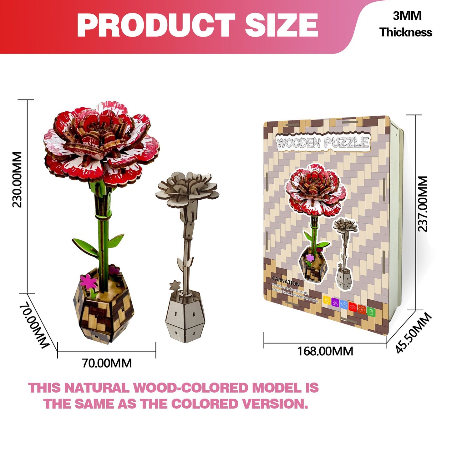 3D Carnation Puzzle Wooden DIY Coloring Toy Two-in-One Set Three-Dimensional Puzzle