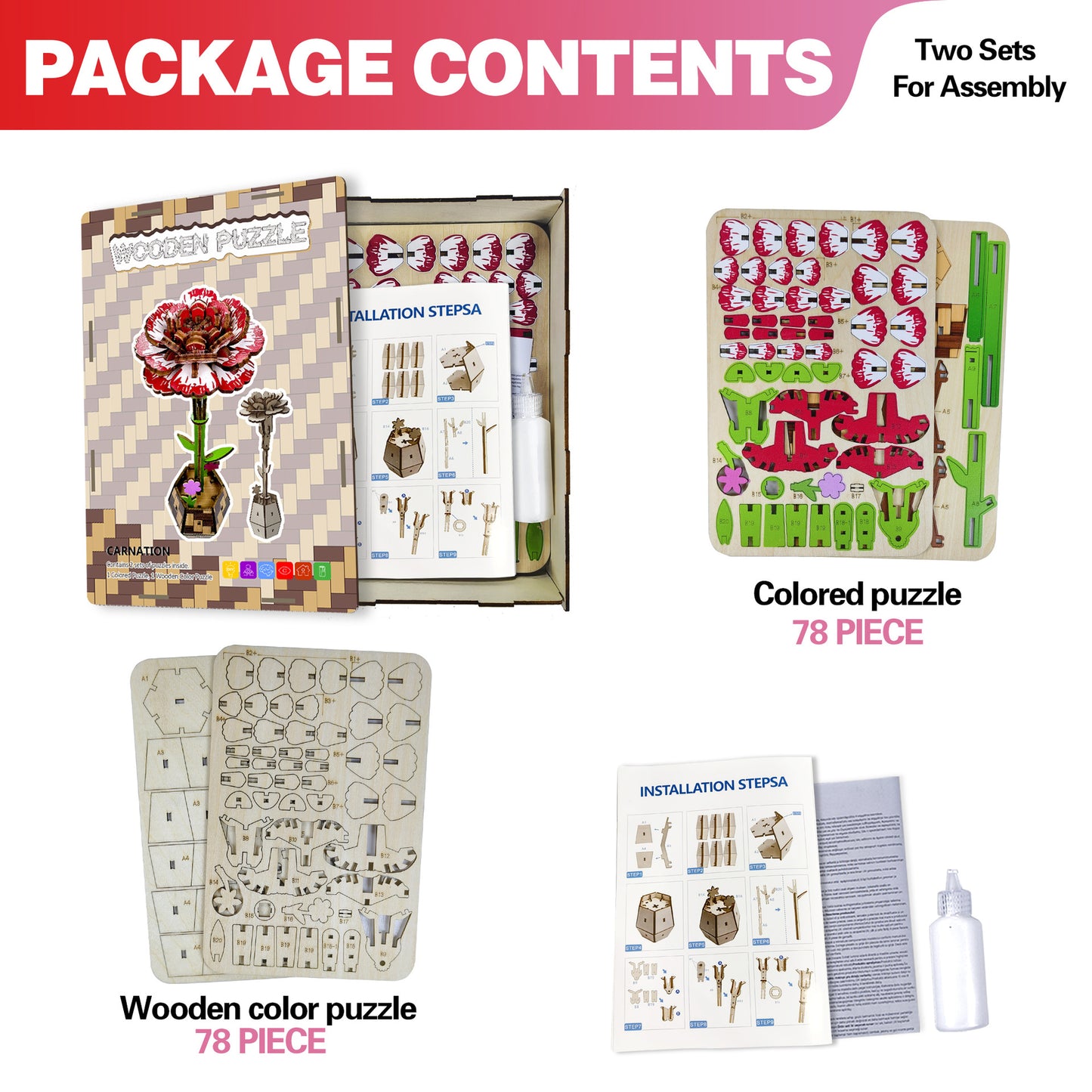 3D Carnation Puzzle Wooden DIY Coloring Toy Two-in-One Set Three-Dimensional Puzzle