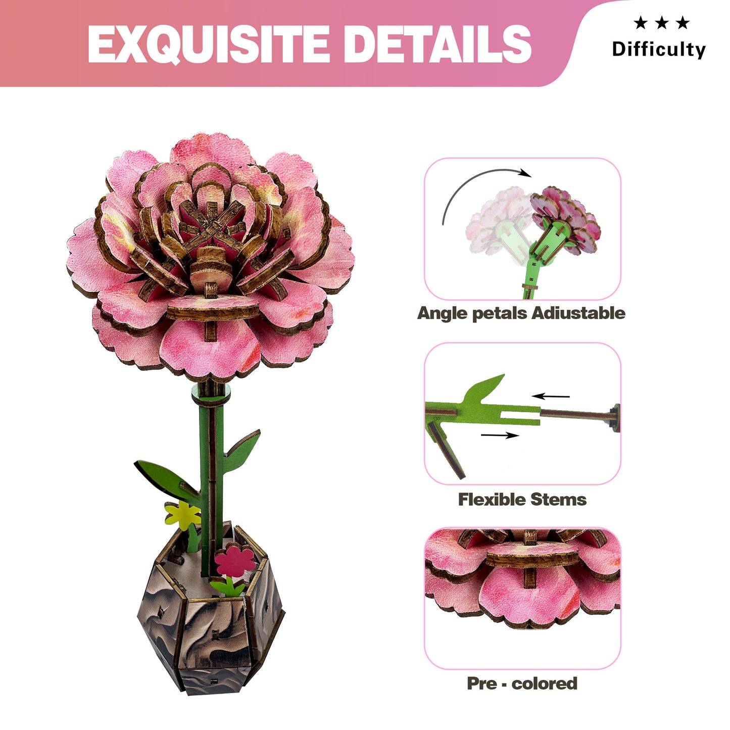 Carnation Puzzle 3D Wooden DIY Coloring Toy Set Handmade Puzzle