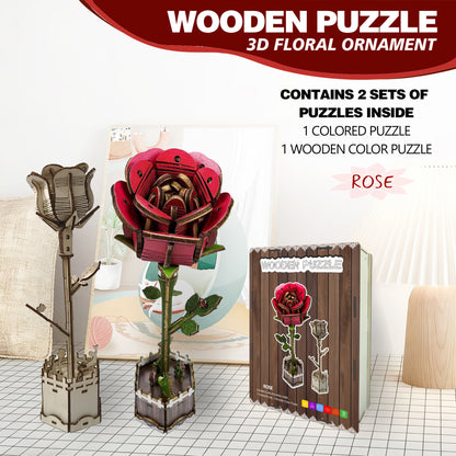 Red Rose Puzzle 3D Wooden DIY Coloring Toy Two-in-One Set Decoration Puzzle