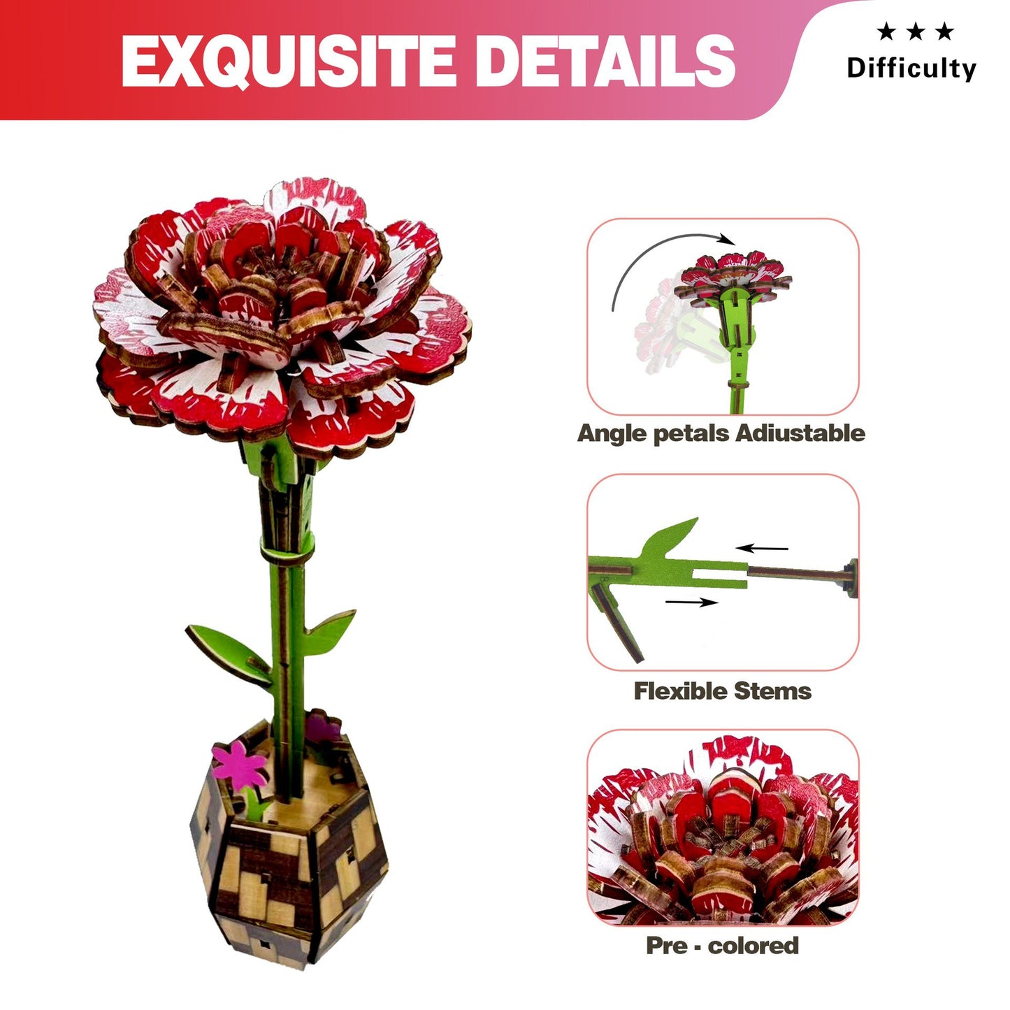 3D Carnation Puzzle Wooden DIY Coloring Toy Two-in-One Set Three-Dimensional Puzzle