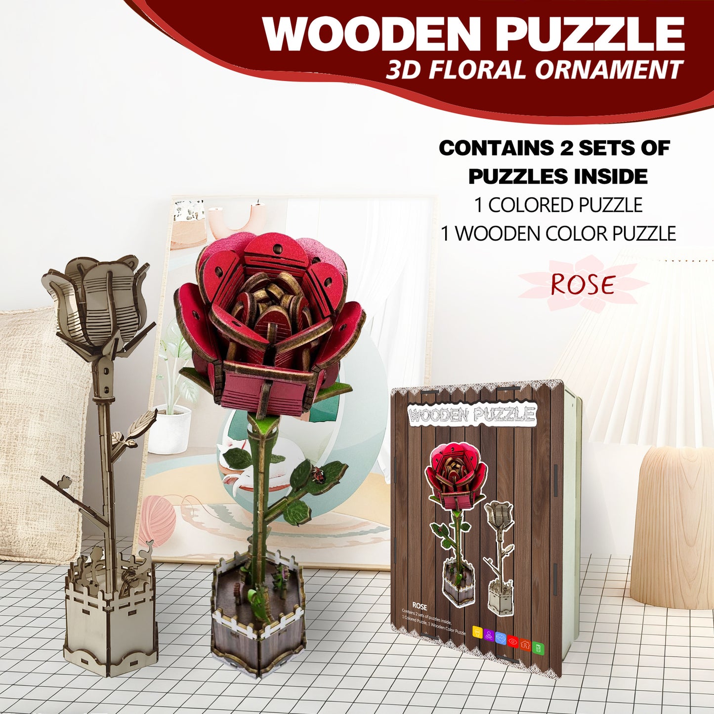 Red Rose Puzzle 3D Wooden DIY Coloring Toy Two-in-One Set Decoration Puzzle