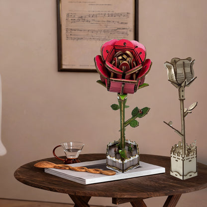 Red Rose Puzzle 3D Wooden DIY Coloring Toy Two-in-One Set Decoration Puzzle