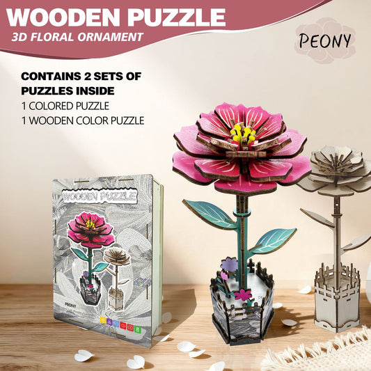 Peony Flower Puzzle 3D Wooden Toy Set DIY Coloring Stress Relief Puzzle