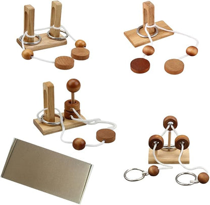 Wooden Brain Teaser Puzzle Set – Thread & Ring Puzzles, Luban Lock, Mind Games for Adults and Kids