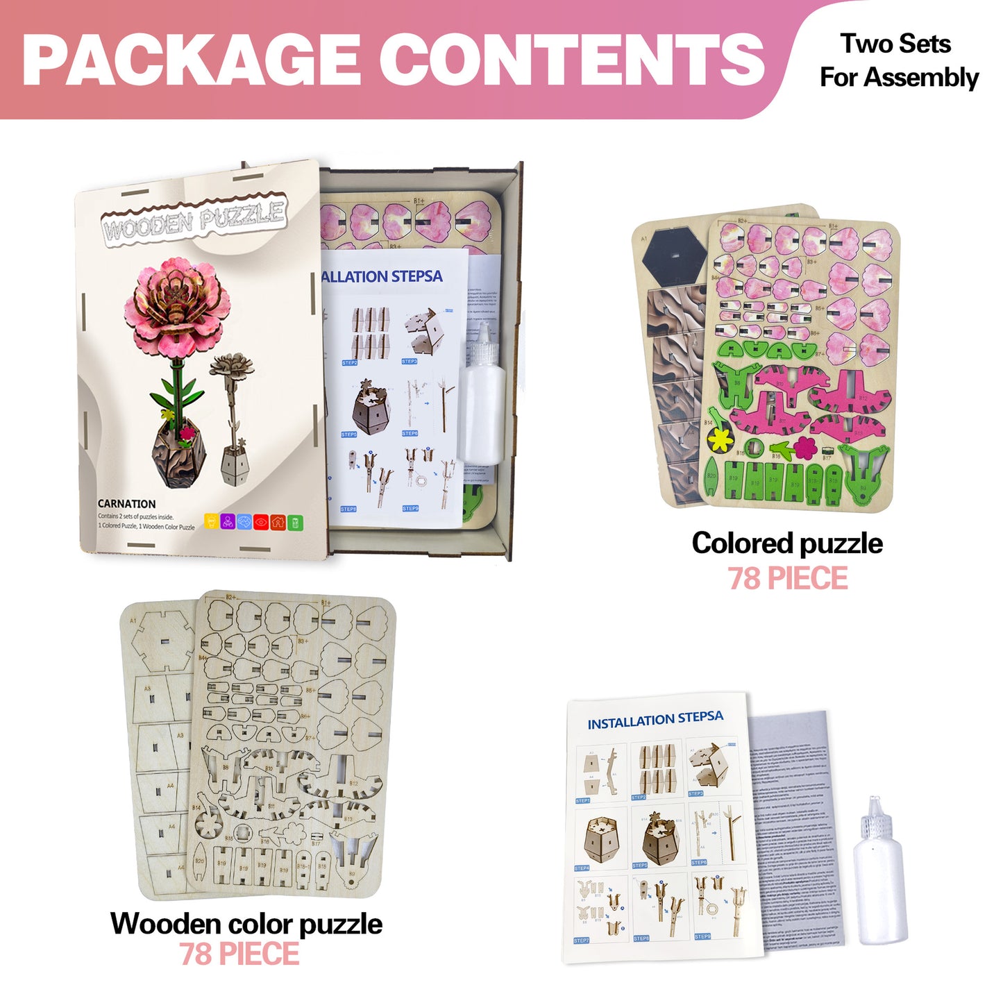 Carnation Puzzle 3D Wooden DIY Coloring Toy Set Handmade Puzzle