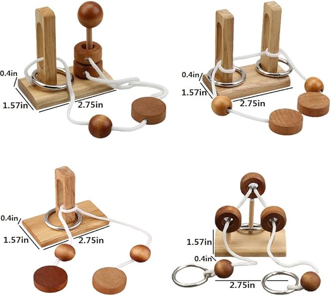 Wooden Brain Teaser Puzzle Set – Thread & Ring Puzzles, Luban Lock, Mind Games for Adults and Kids