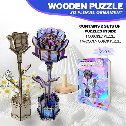 Blue Rose Puzzle DIY Coloring 3D Wooden Toy Two-in-One Set Three-Dimensional Puzzle