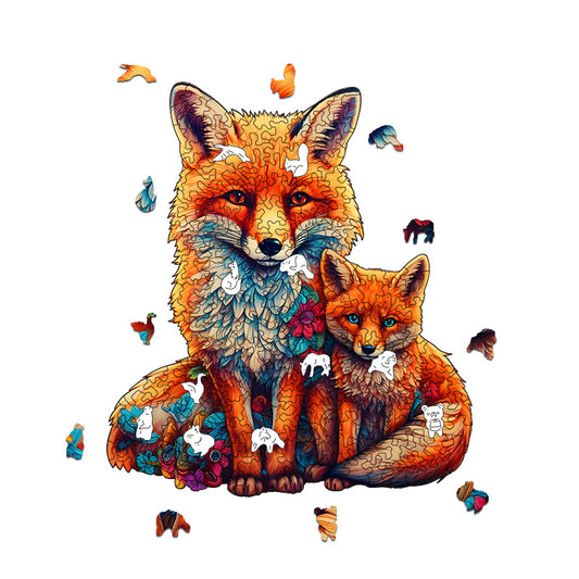 Irregular Wooden Jigsaw Puzzle - Fox & Cub, Unique Animal Shaped Pieces, Family Puzzle for Adults & Kids, Vibrant Art Home Decor