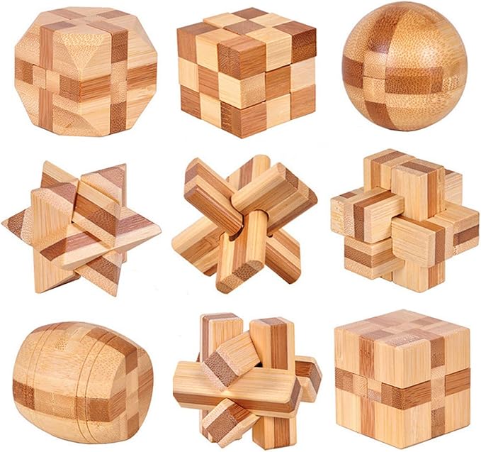Wooden Kongming Lock & Luban Lock Full 9pcs Set – Metal Ring Puzzle Kit, Educational Brain Teaser Toy Gift