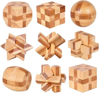 Wooden Kongming Lock & Luban Lock Full 9pcs Set – Metal Ring Puzzle Kit, Educational Brain Teaser Toy Gift