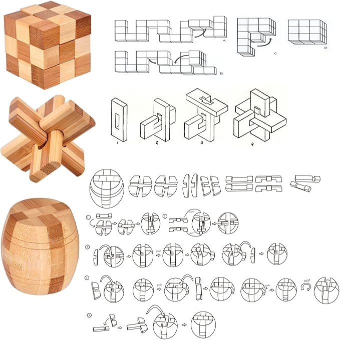 Wooden Kongming Lock & Luban Lock Full 9pcs Set – Metal Ring Puzzle Kit, Educational Brain Teaser Toy Gift