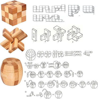 Wooden Kongming Lock & Luban Lock Full 9pcs Set – Metal Ring Puzzle Kit, Educational Brain Teaser Toy Gift