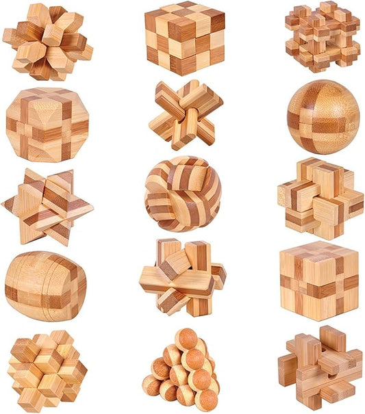 Wooden Kongming Lock & Luban Lock Full 15pcs Set – Metal Ring Puzzle Kit, Educational Brain Teaser Toy Gift