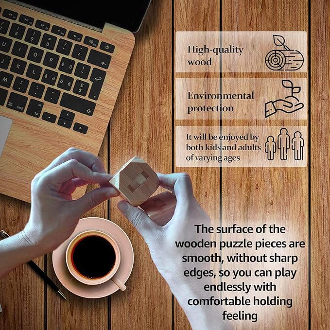 Wooden Kongming Lock & Luban Lock Full 9pcs Set – Metal Ring Puzzle Kit, Educational Brain Teaser Toy Gift