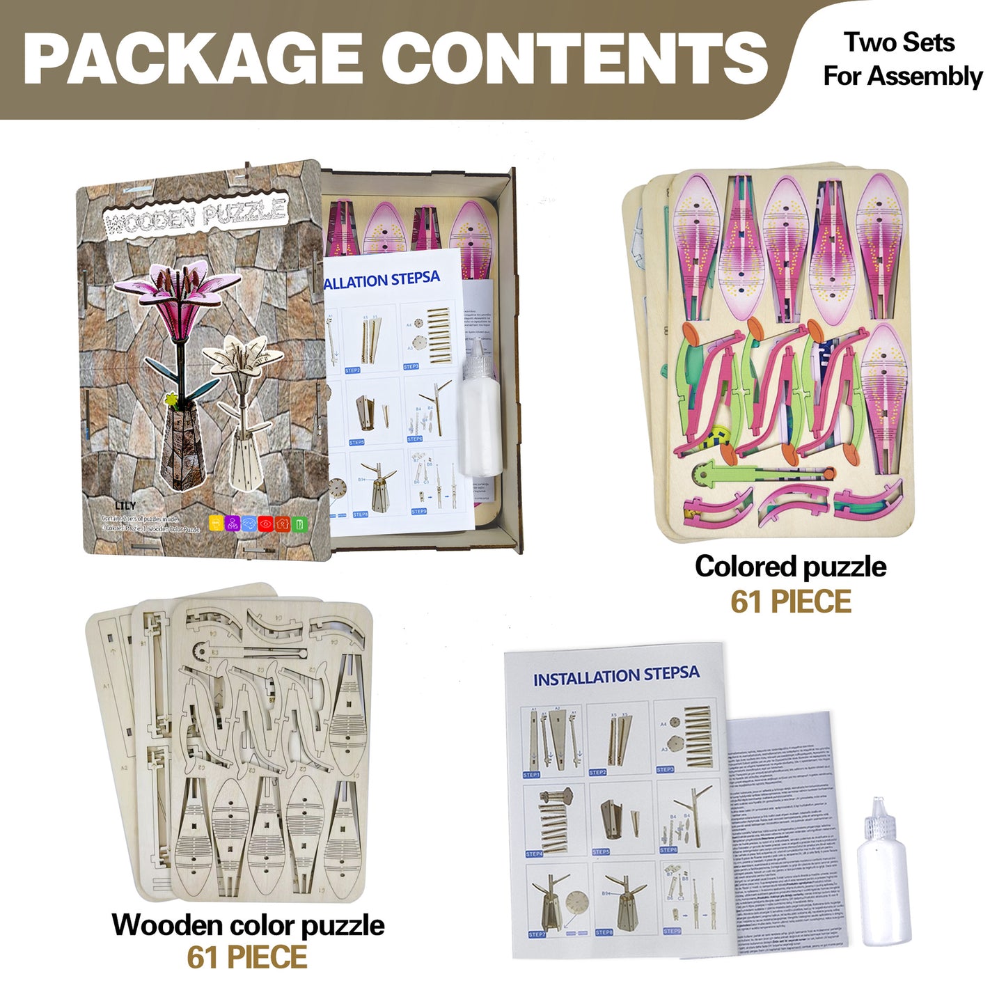 Lily Flower Puzzle 3D Wooden Toy Two-in-One Set DIY Coloring Handmade Puzzle