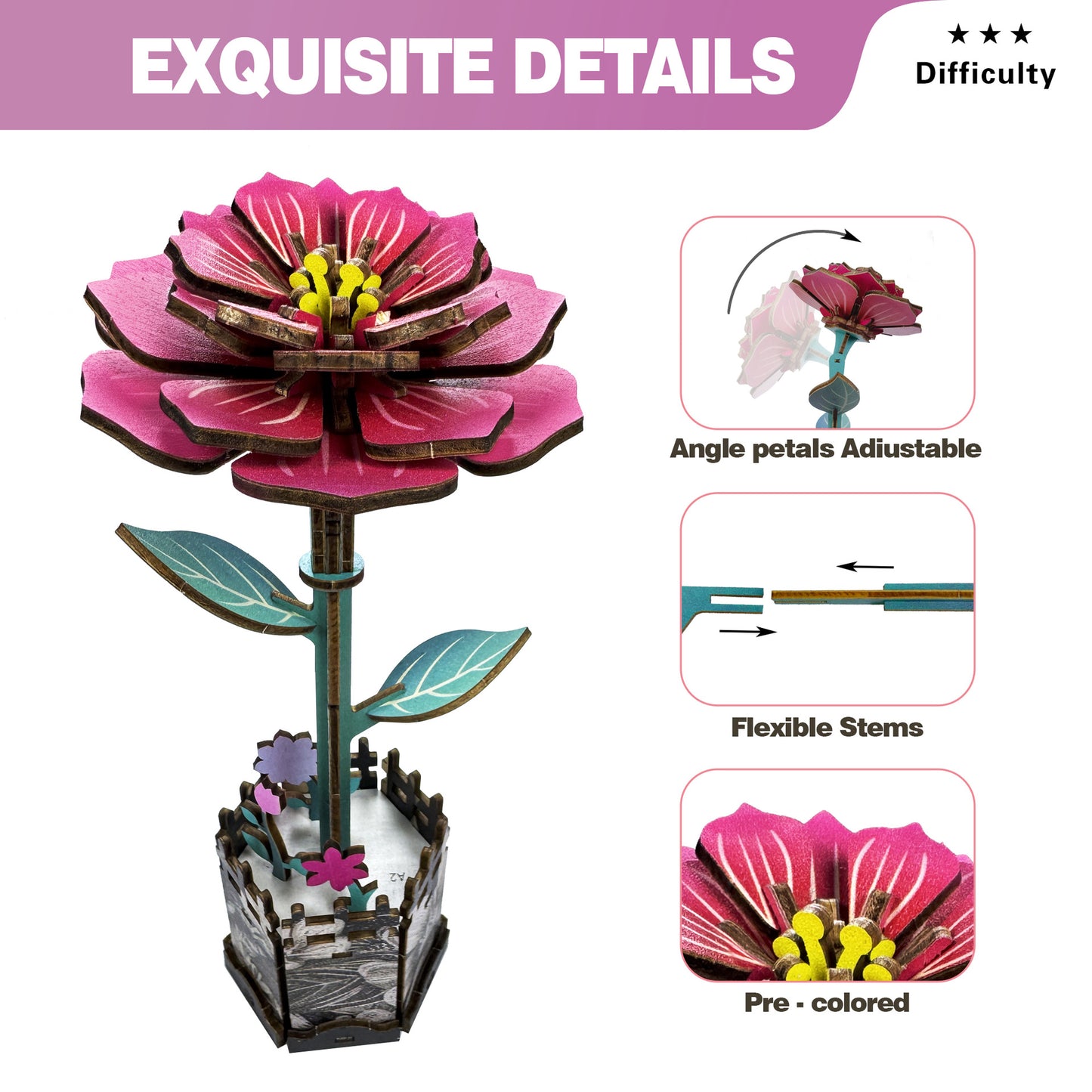 Peony Flower Puzzle 3D Wooden Toy Set DIY Coloring Stress Relief Puzzle