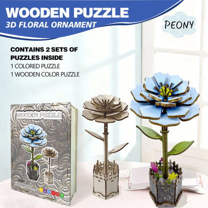 3D Peony Flower Puzzle Wooden DIY Coloring Toy Two-in-One Set Handmade Puzzle