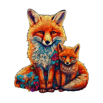 Irregular Wooden Jigsaw Puzzle - Fox & Cub, Unique Animal Shaped Pieces, Family Puzzle for Adults & Kids, Vibrant Art Home Decor