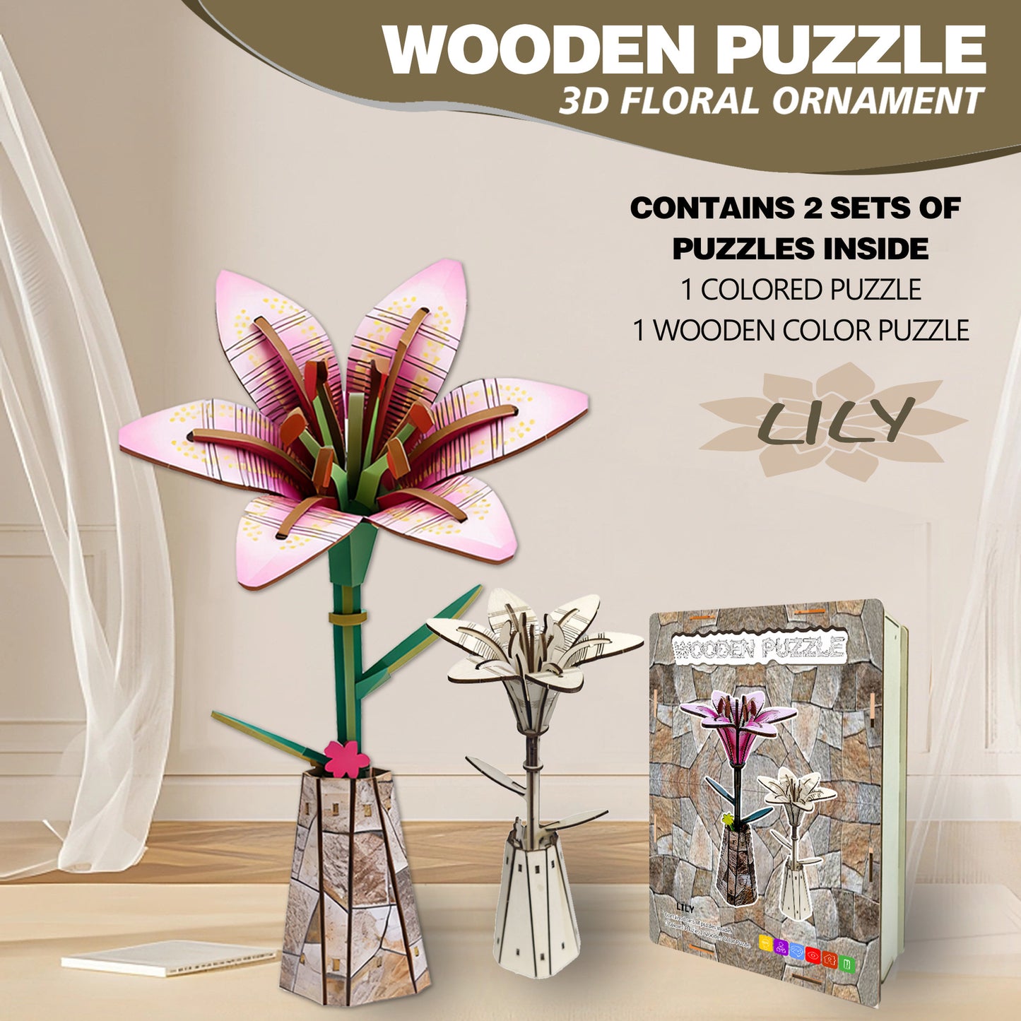 Lily Flower Puzzle 3D Wooden Toy Two-in-One Set DIY Coloring Handmade Puzzle