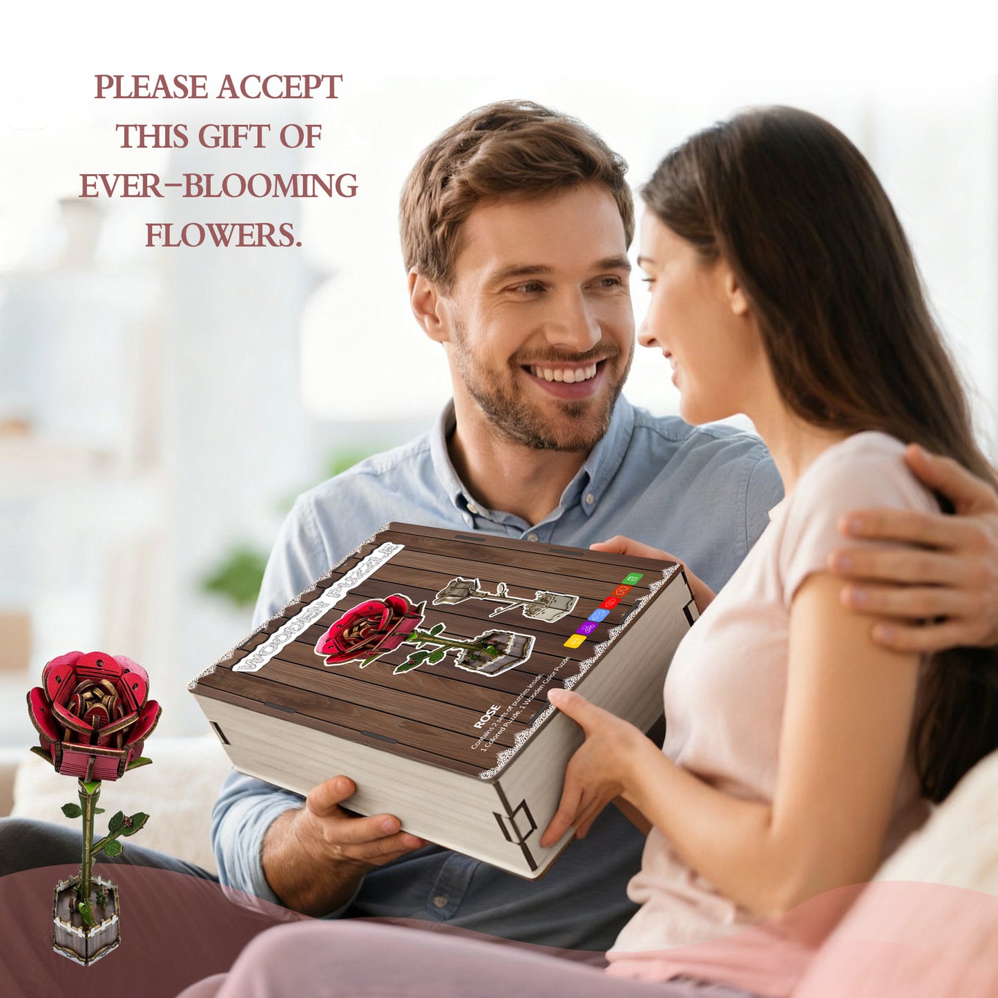 Red Rose Puzzle 3D Wooden DIY Coloring Toy Two-in-One Set Decoration Puzzle