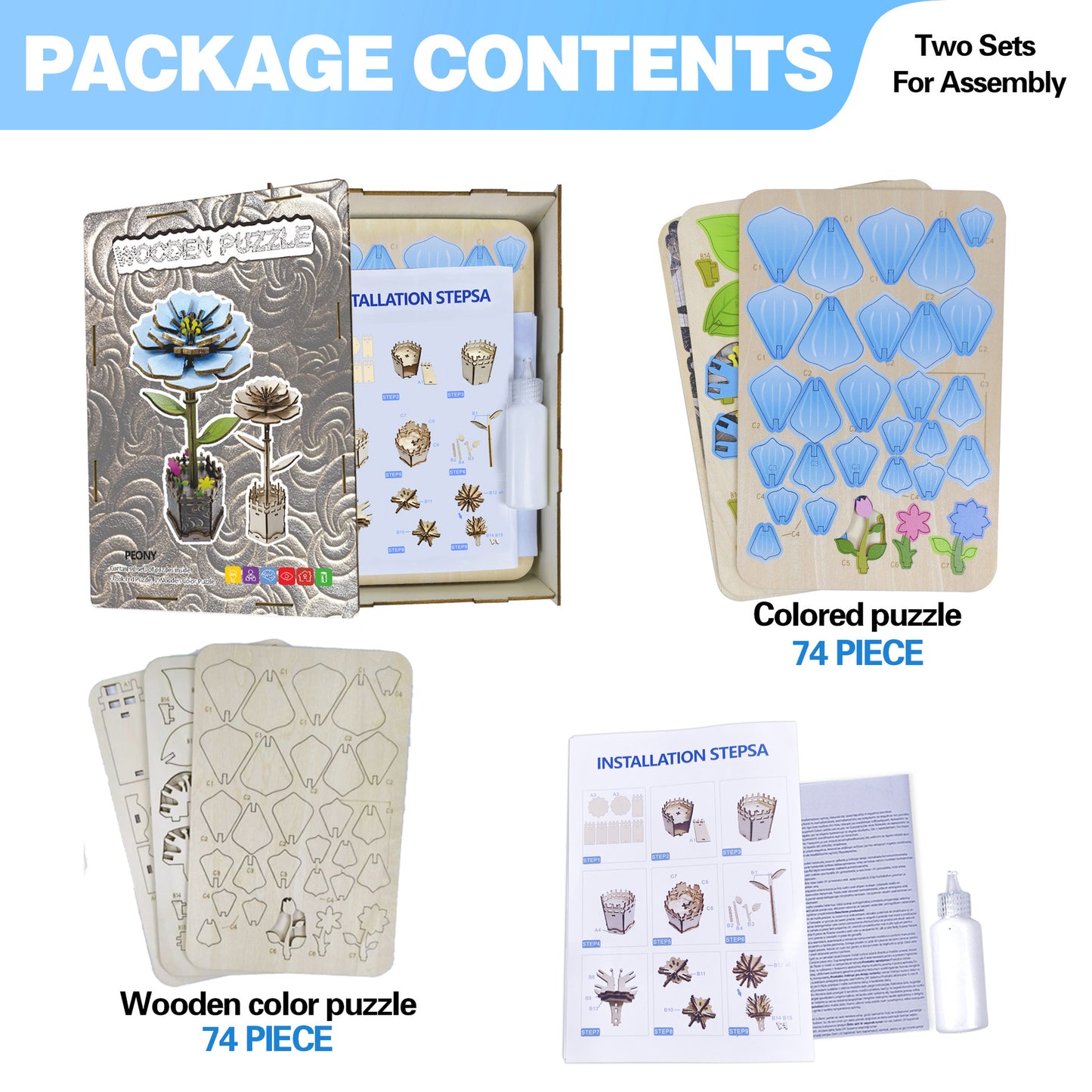 3D Peony Flower Puzzle Wooden DIY Coloring Toy Two-in-One Set Handmade Puzzle